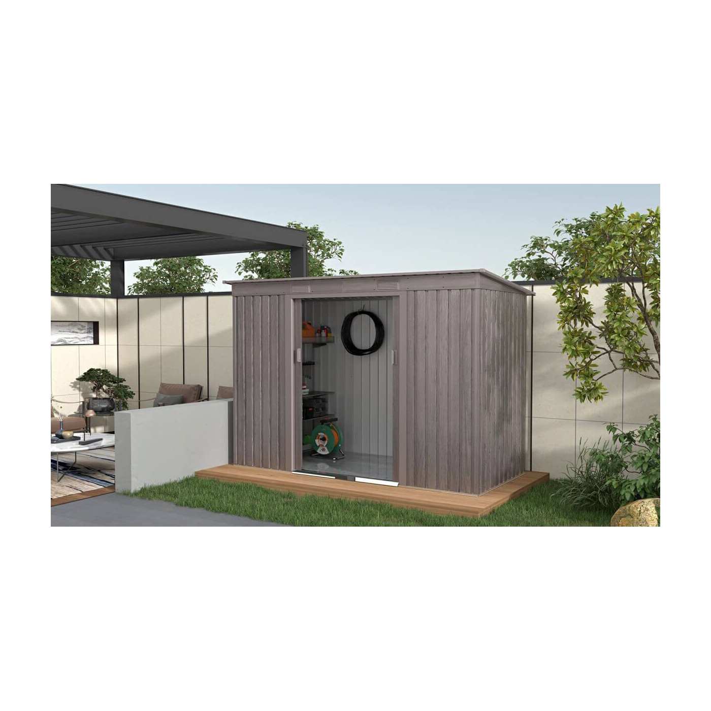 Aranżacja w ogrodzie narzędziowni OREGON 261x121cm w odcieniu jasnego drewna