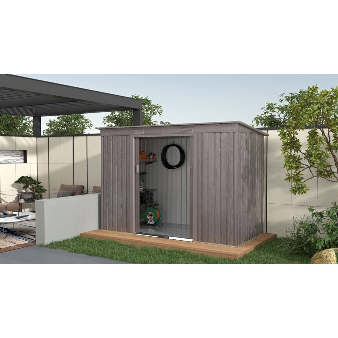 Aranżacja w ogrodzie narzędziowni OREGON 261x121cm w odcieniu jasnego drewna