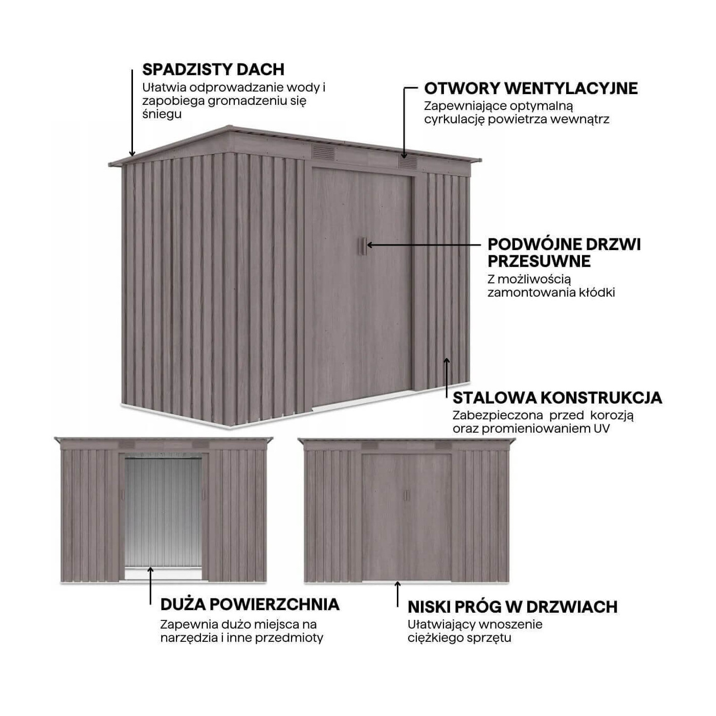 Grafika przedstawiająca detale i funkcje domku narzędziowego OREGON 261x121cm