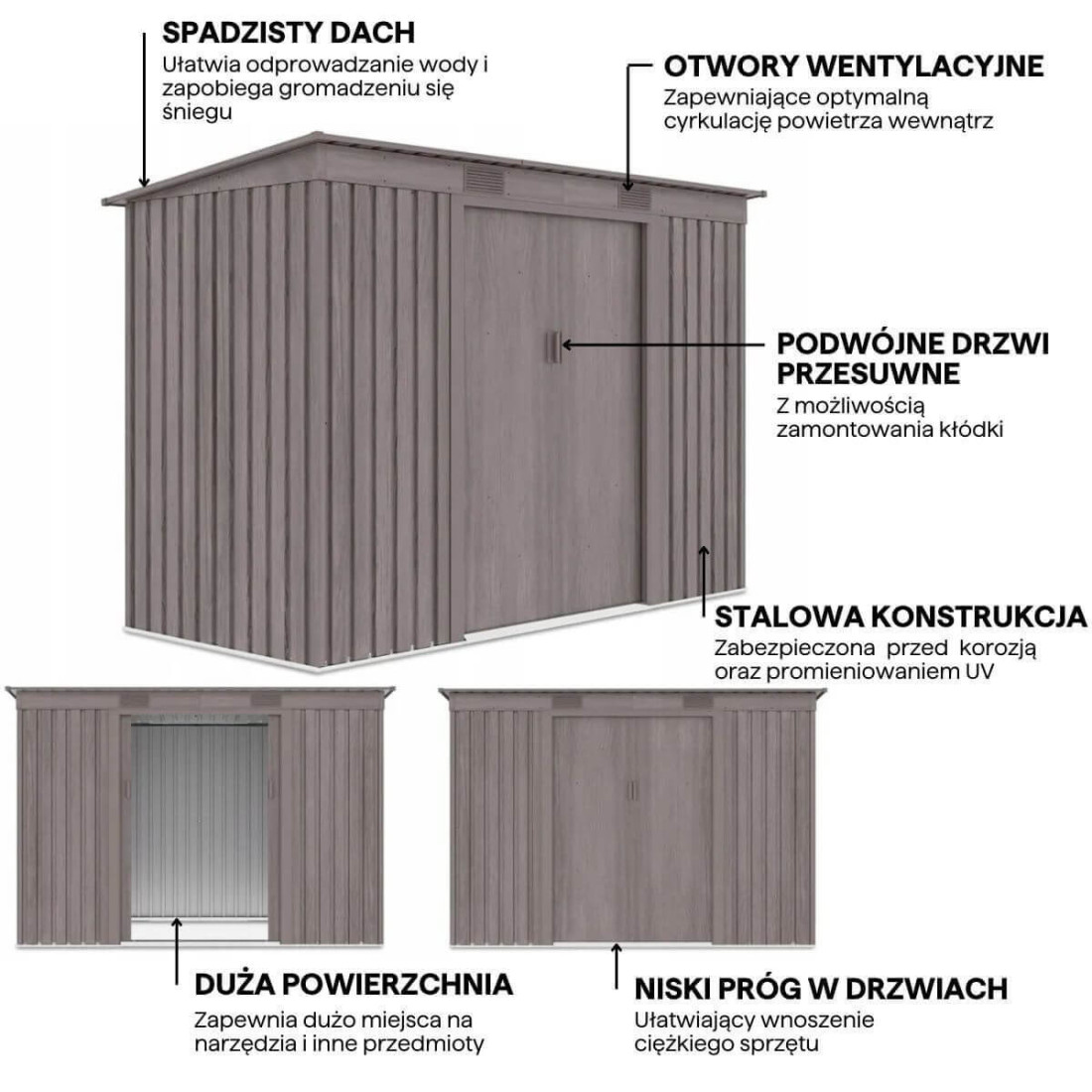 Grafika przedstawiająca detale i funkcje domku narzędziowego OREGON 261x121cm