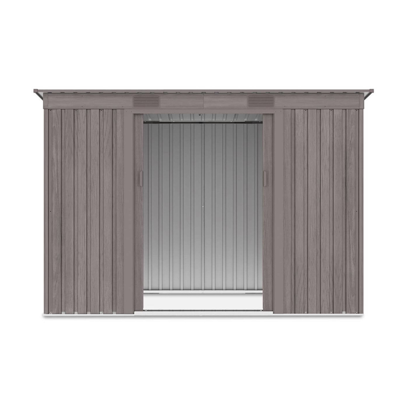 Widok na wnętrze domku narzędziowego OREGON 261x121cm Light Wood przez otwarte drzwi