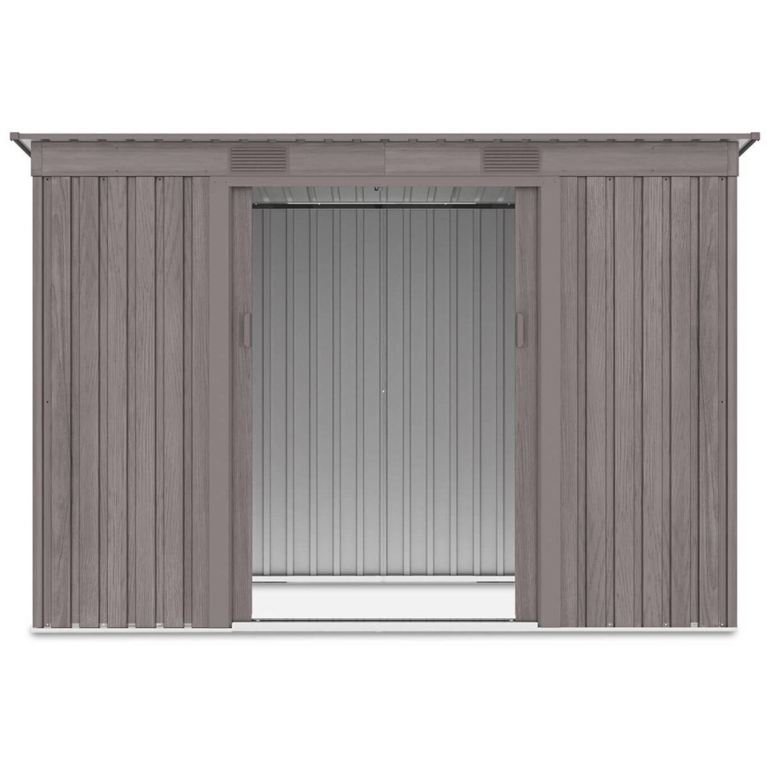 Widok na wnętrze domku narzędziowego OREGON 261x121cm Light Wood przez otwarte drzwi