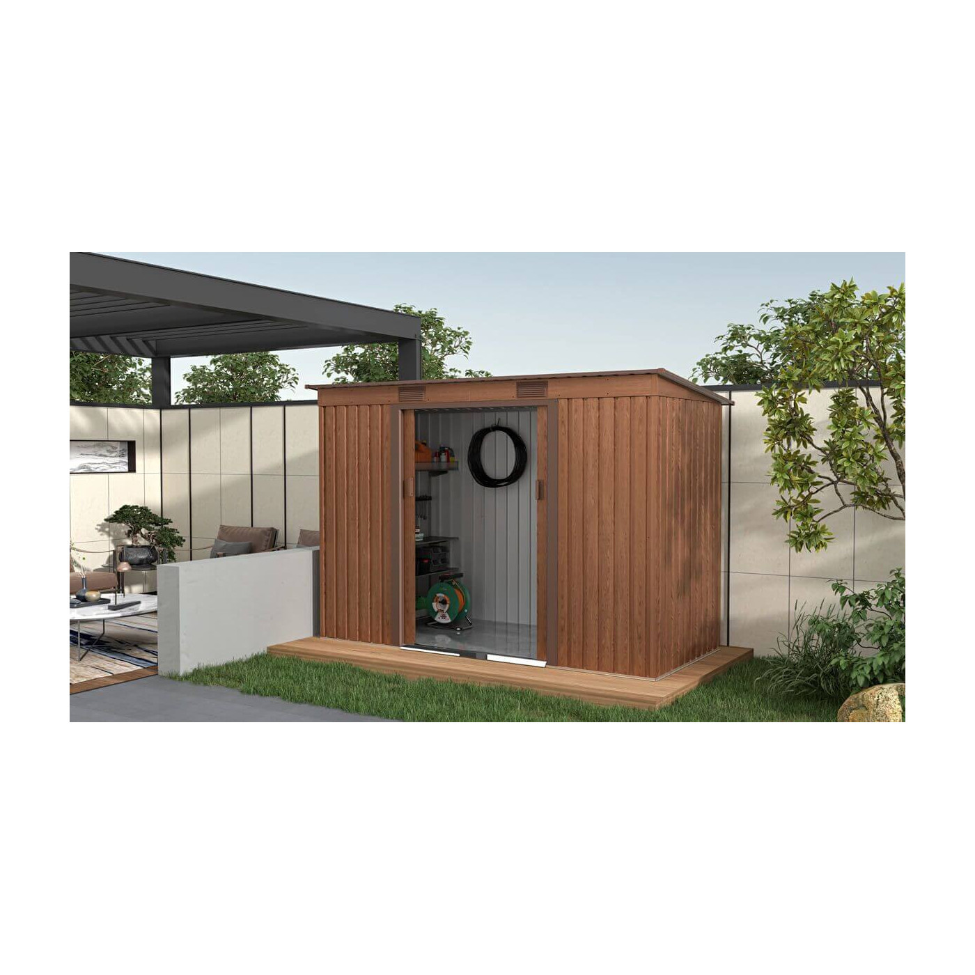 Aranżacja w ogrodzie narzędziowni OREGON 261x121cm w odcieniu orzecha włoskiego