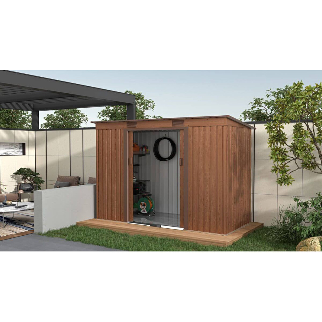 Aranżacja w ogrodzie narzędziowni OREGON 261x121cm w odcieniu orzecha włoskiego