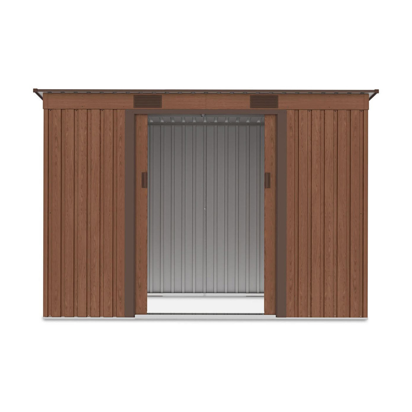 Widok na wnętrze domku narzędziowego OREGON 261x121cm Walnut przez otwarte drzwi