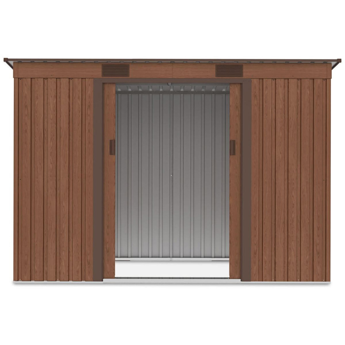 Widok na wnętrze domku narzędziowego OREGON 261x121cm Walnut przez otwarte drzwi