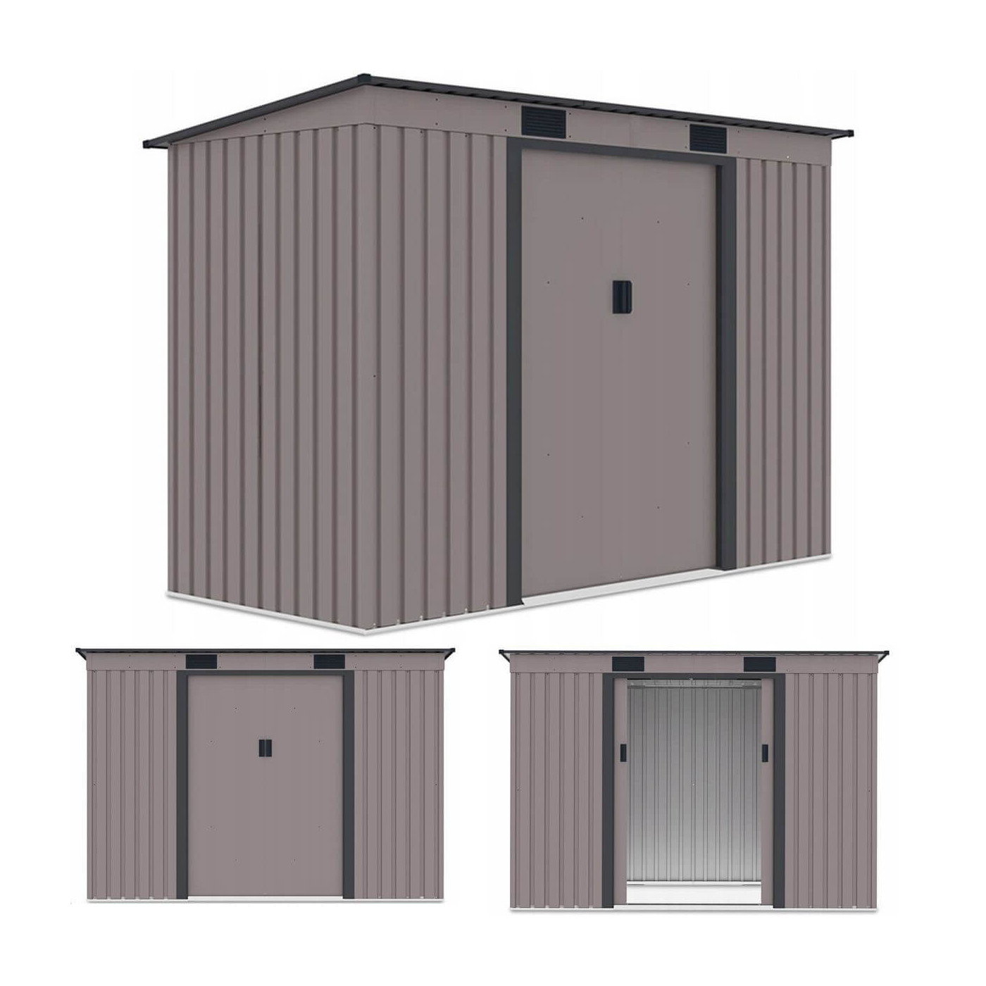 Zdjęcie z trzema rzutami domku narzędziowego OREGON 261x121cm Warm Grey - Hardmaister