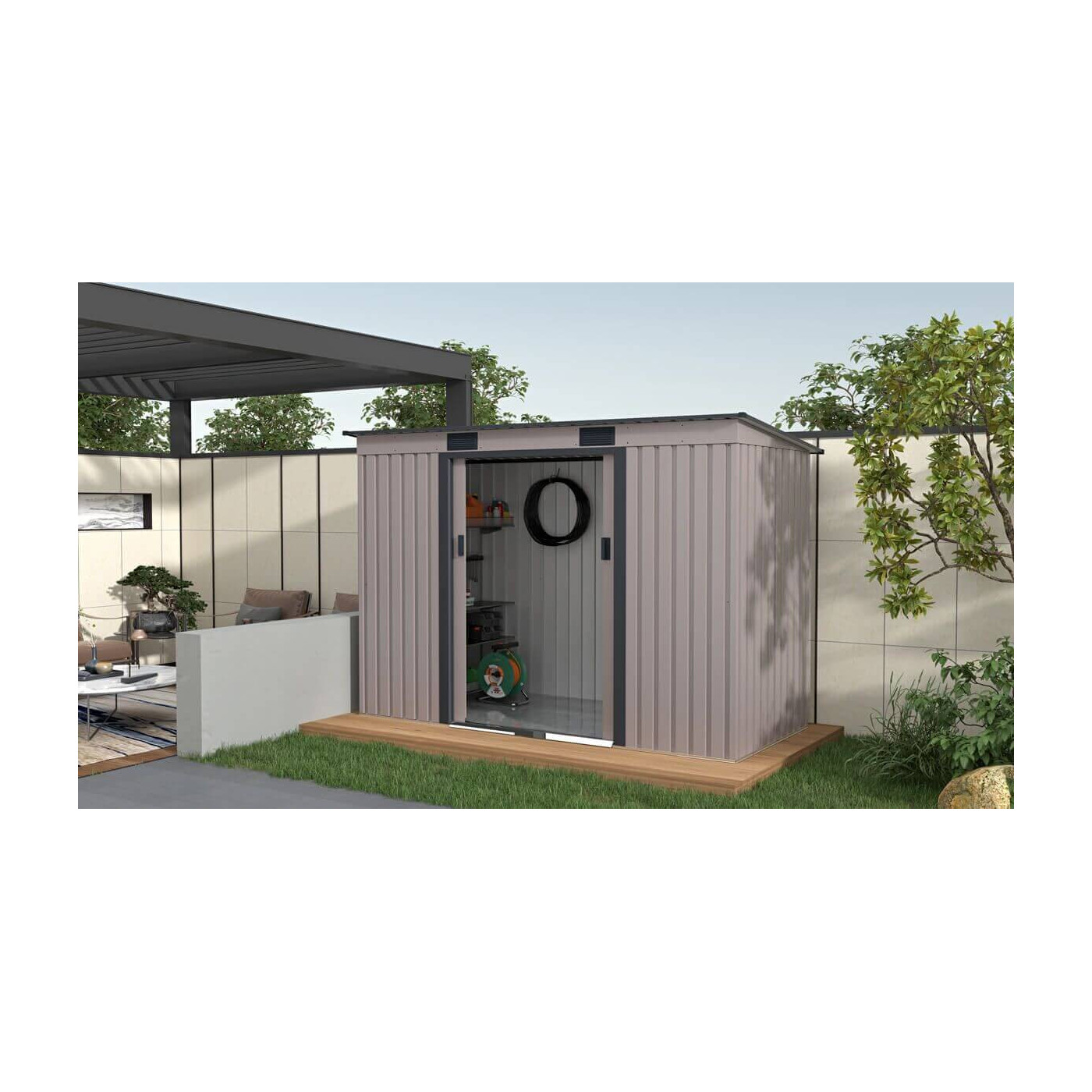 Aranżacja w ogrodzie narzędziowni OREGON 261x121cm w ciepło szarym odcieniu