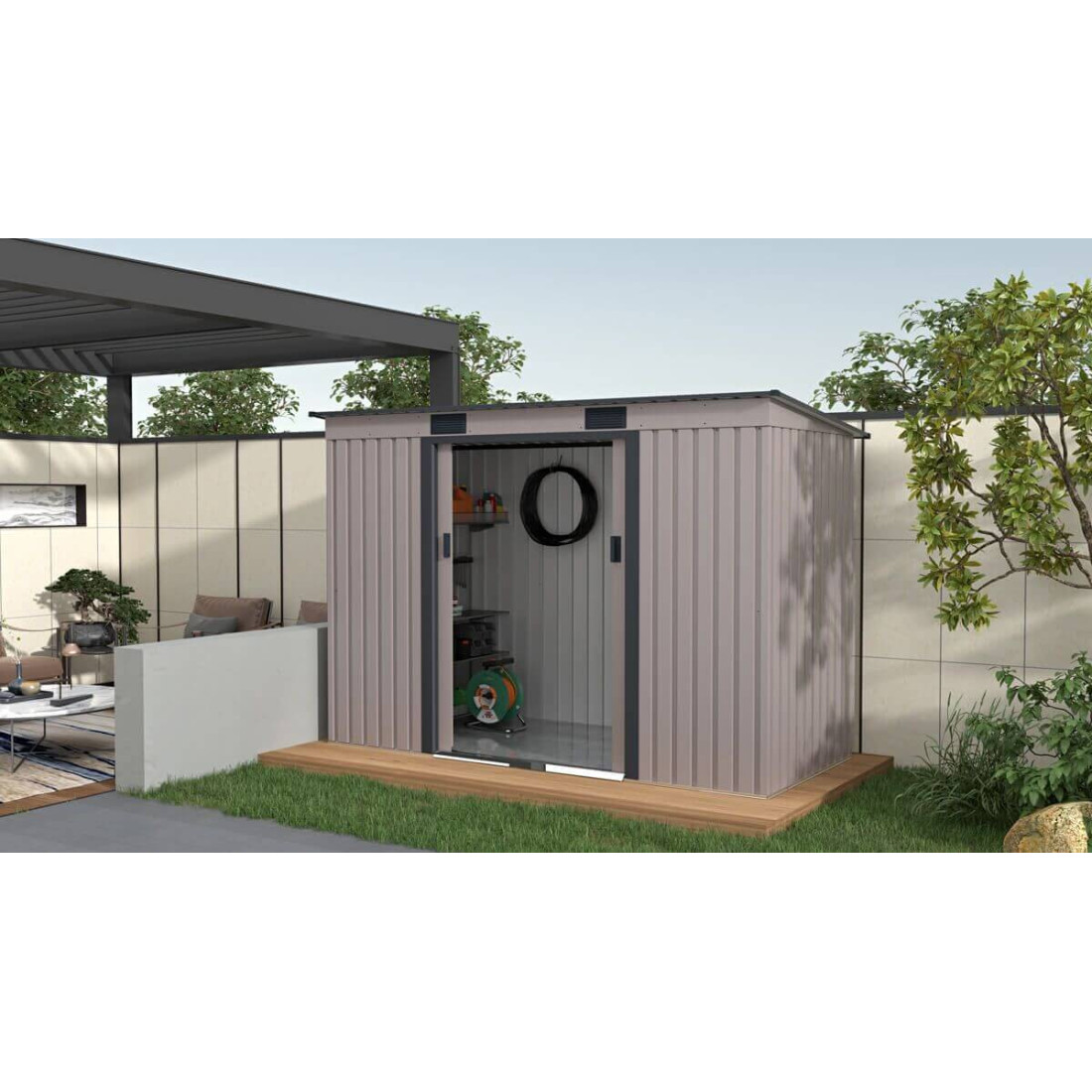 Aranżacja w ogrodzie narzędziowni OREGON 261x121cm w ciepło szarym odcieniu