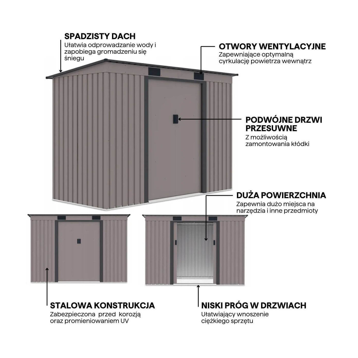 Grafika przedstawiająca detale i funkcje domku narzędziowego OREGON 261x121cm