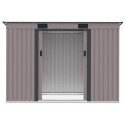 Widok na wnętrze domku narzędziowego OREGON 261x121cm Warm Grey przez otwarte drzwi