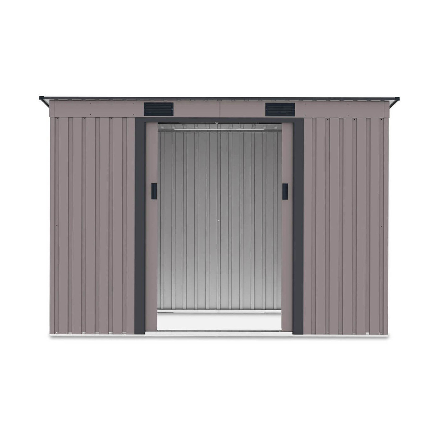 Widok na wnętrze domku narzędziowego OREGON 261x121cm Warm Grey przez otwarte drzwi