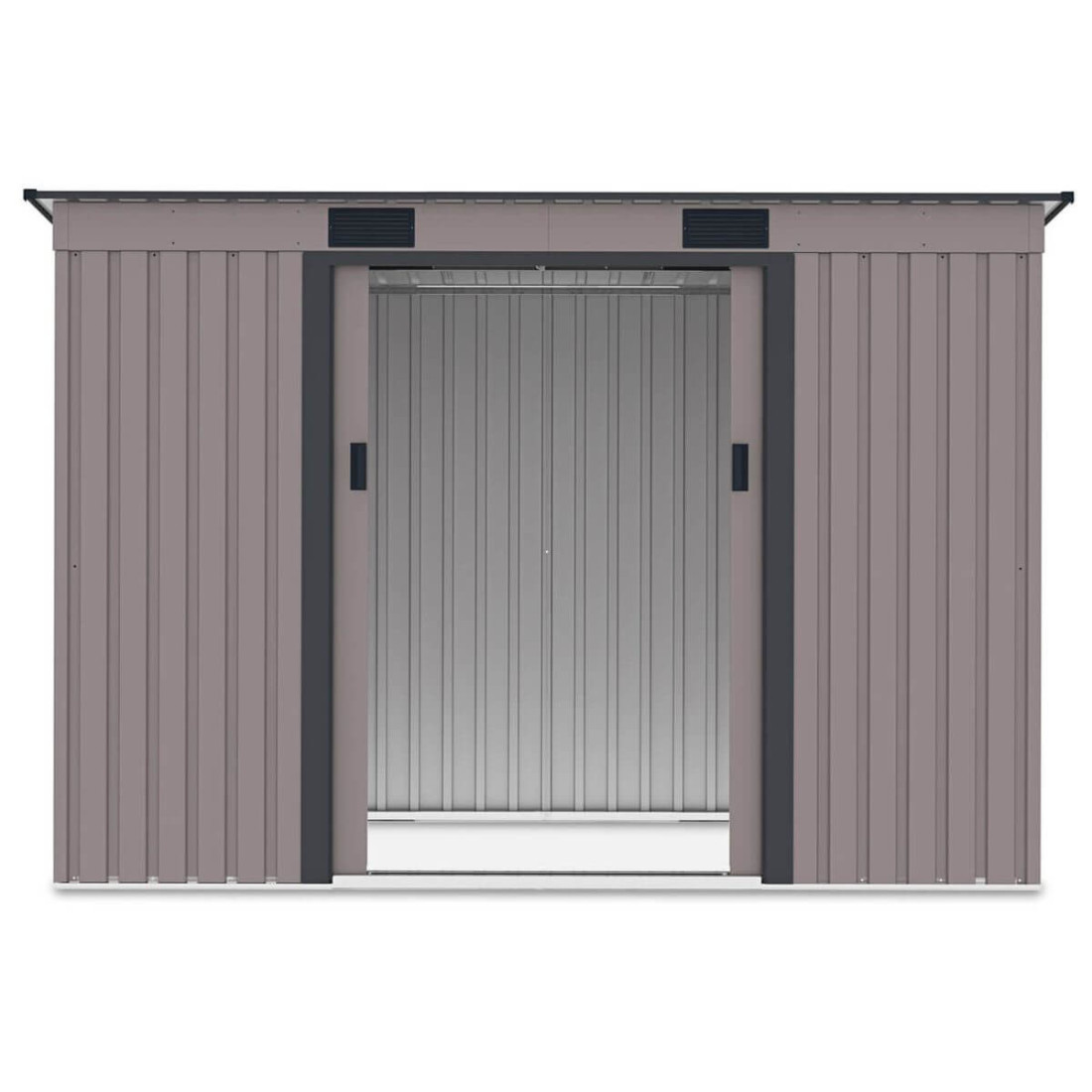 Widok na wnętrze domku narzędziowego OREGON 261x121cm Warm Grey przez otwarte drzwi