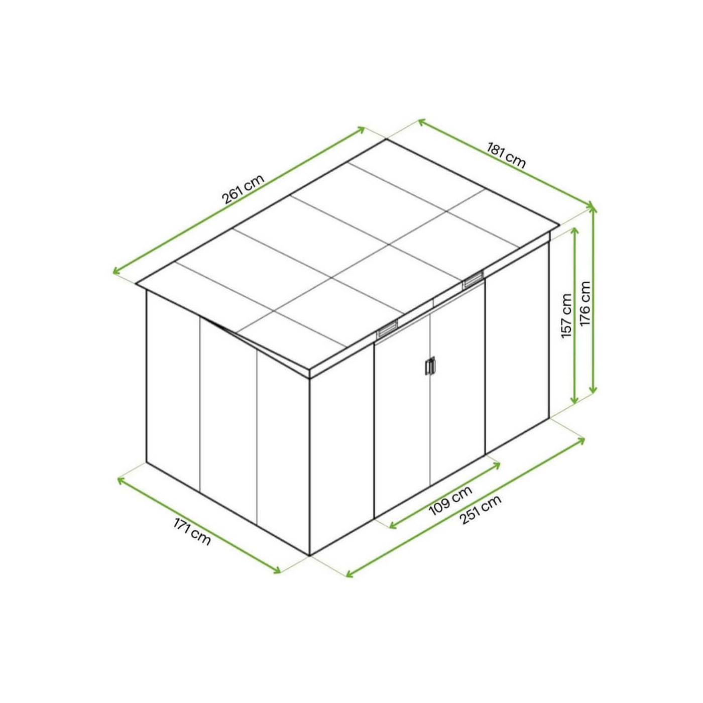 Rysunek z wymiarami domku ogrodowego OREGON 261x181cm od firmy Hardmaister