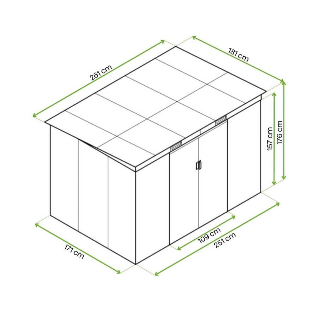Rysunek z wymiarami domku ogrodowego OREGON 261x181cm od firmy Hardmaister