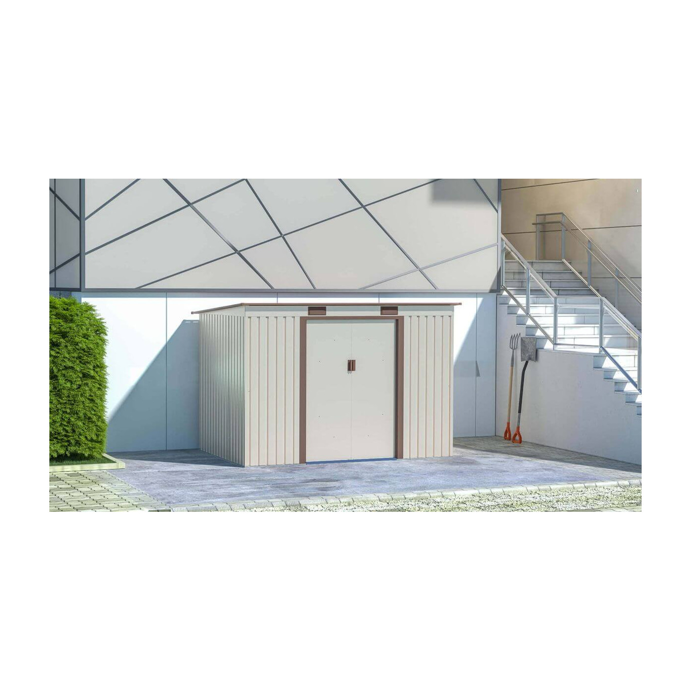 Aranżacja beżowej narzędziowni OREGON 261x181cm w ogrodzie