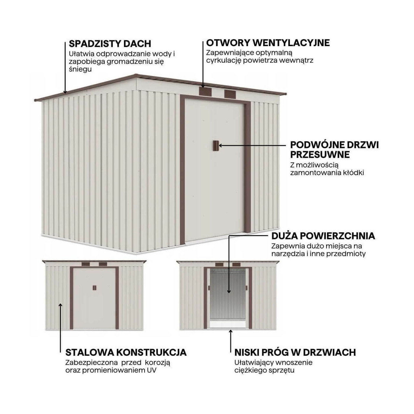 Grafika przedstawiająca detale i funkcje domku narzędziowego OREGON 261x181cm