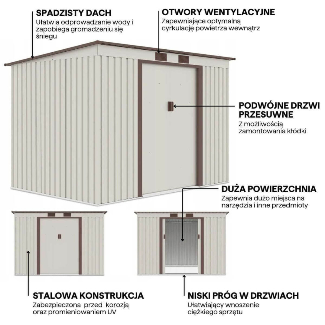 Grafika przedstawiająca detale i funkcje domku narzędziowego OREGON 261x181cm