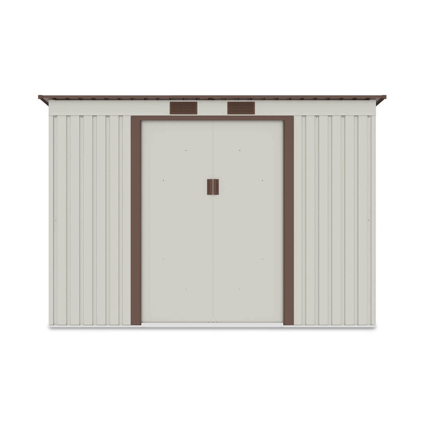 Widok z przodu domku narzędziowego OREGON 261x181cm w kolorze beżowym