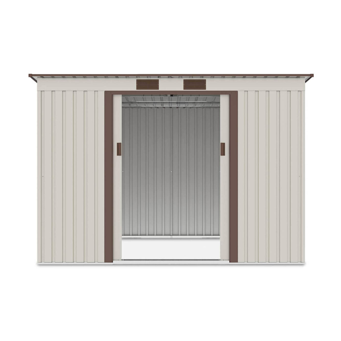 Widok na wnętrze domku narzędziowego OREGON 261x181cm Beige przez otwarte drzwi