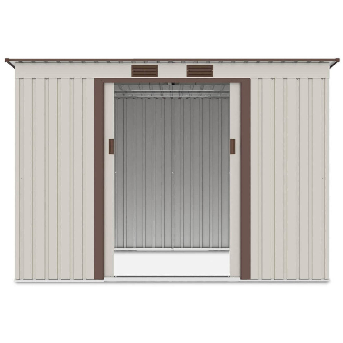 Widok na wnętrze domku narzędziowego OREGON 261x181cm Beige przez otwarte drzwi