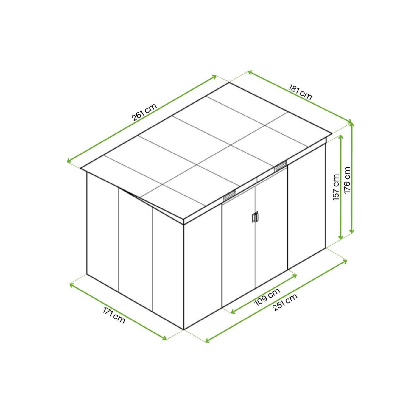 Rysunek z wymiarami domku ogrodowego OREGON 261x181cm od firmy Hardmaister