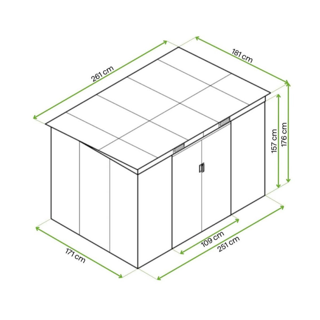 Rysunek z wymiarami domku ogrodowego OREGON 261x181cm od firmy Hardmaister