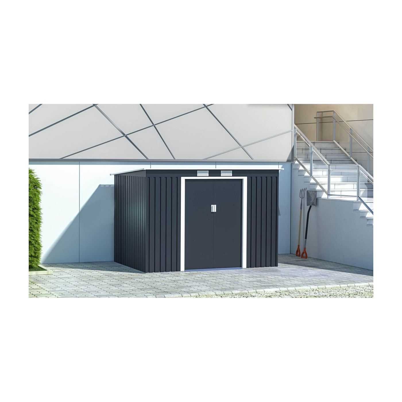 Aranżacja w ogrodzie narzędziowni OREGON 261x181cm w zimnym szarym odcieniu