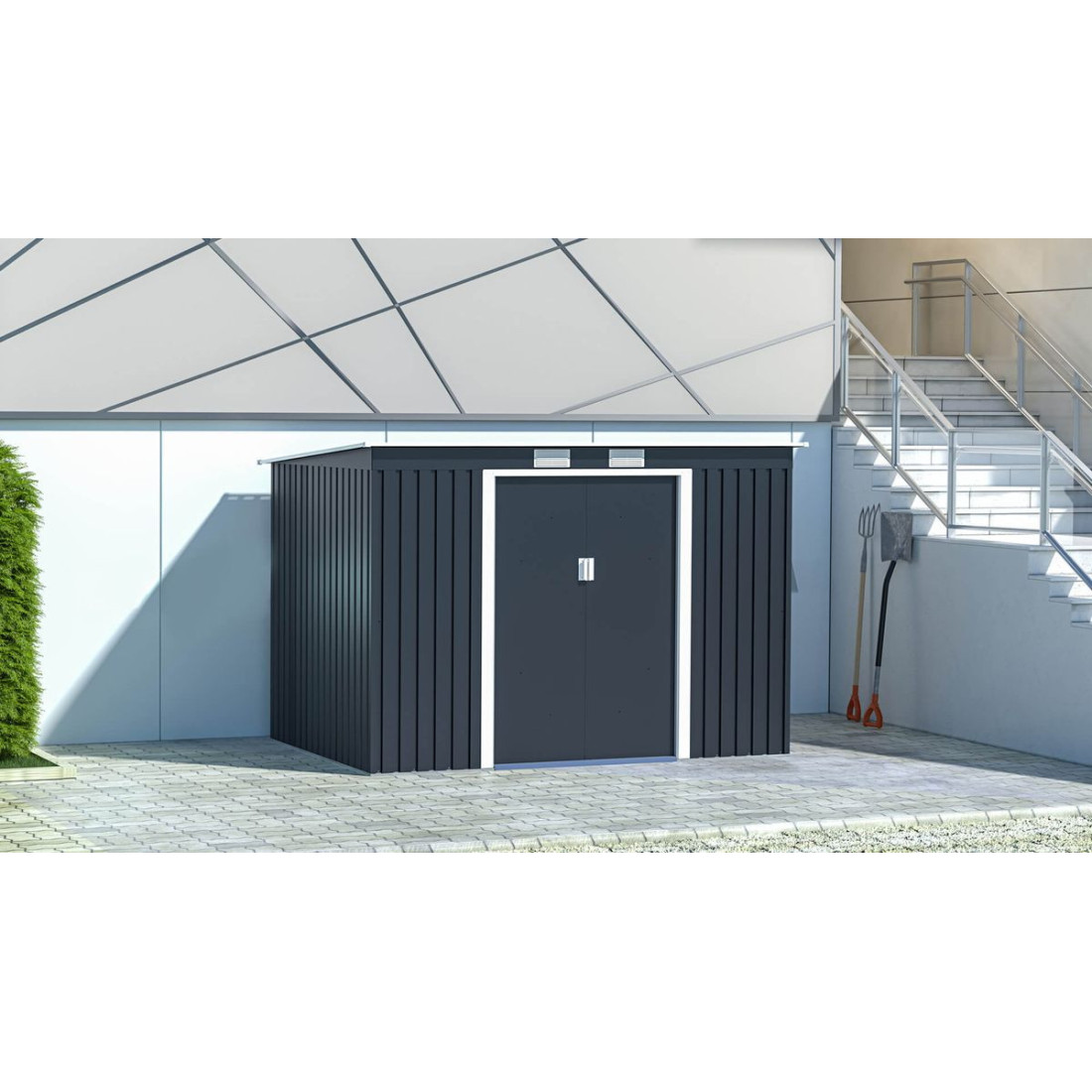 Aranżacja w ogrodzie narzędziowni OREGON 261x181cm w zimnym szarym odcieniu