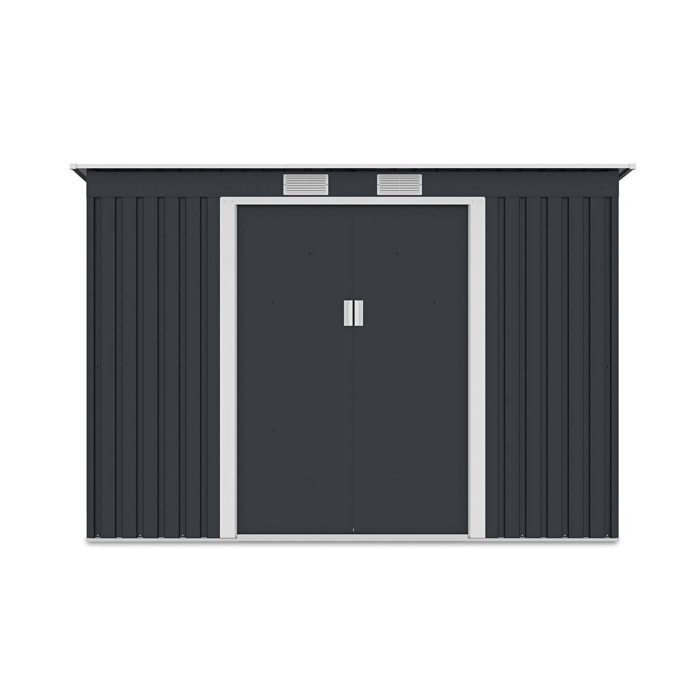 Widok z przodu domku narzędziowego OREGON 261x181cm w zimno szarym kolorze