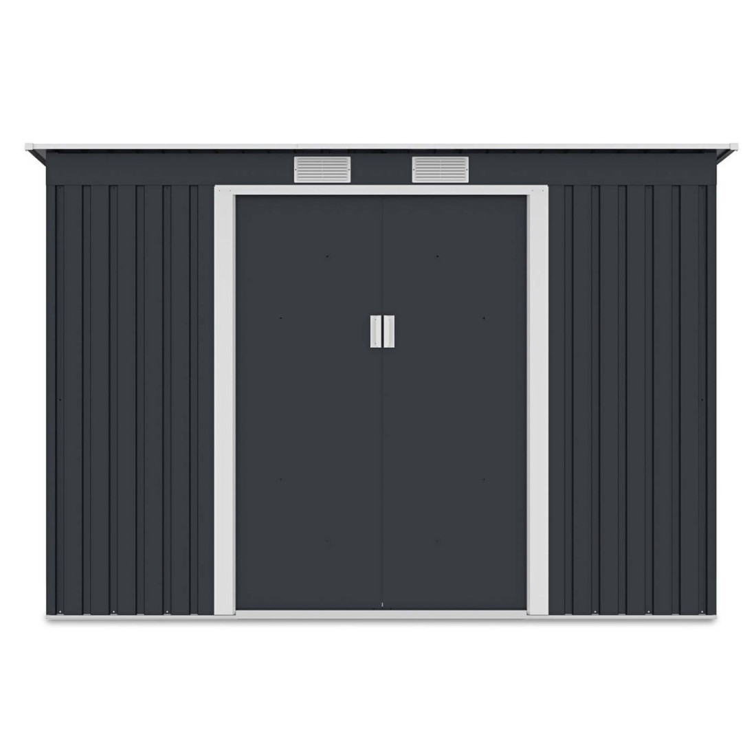 Widok z przodu domku narzędziowego OREGON 261x181cm w zimno szarym kolorze