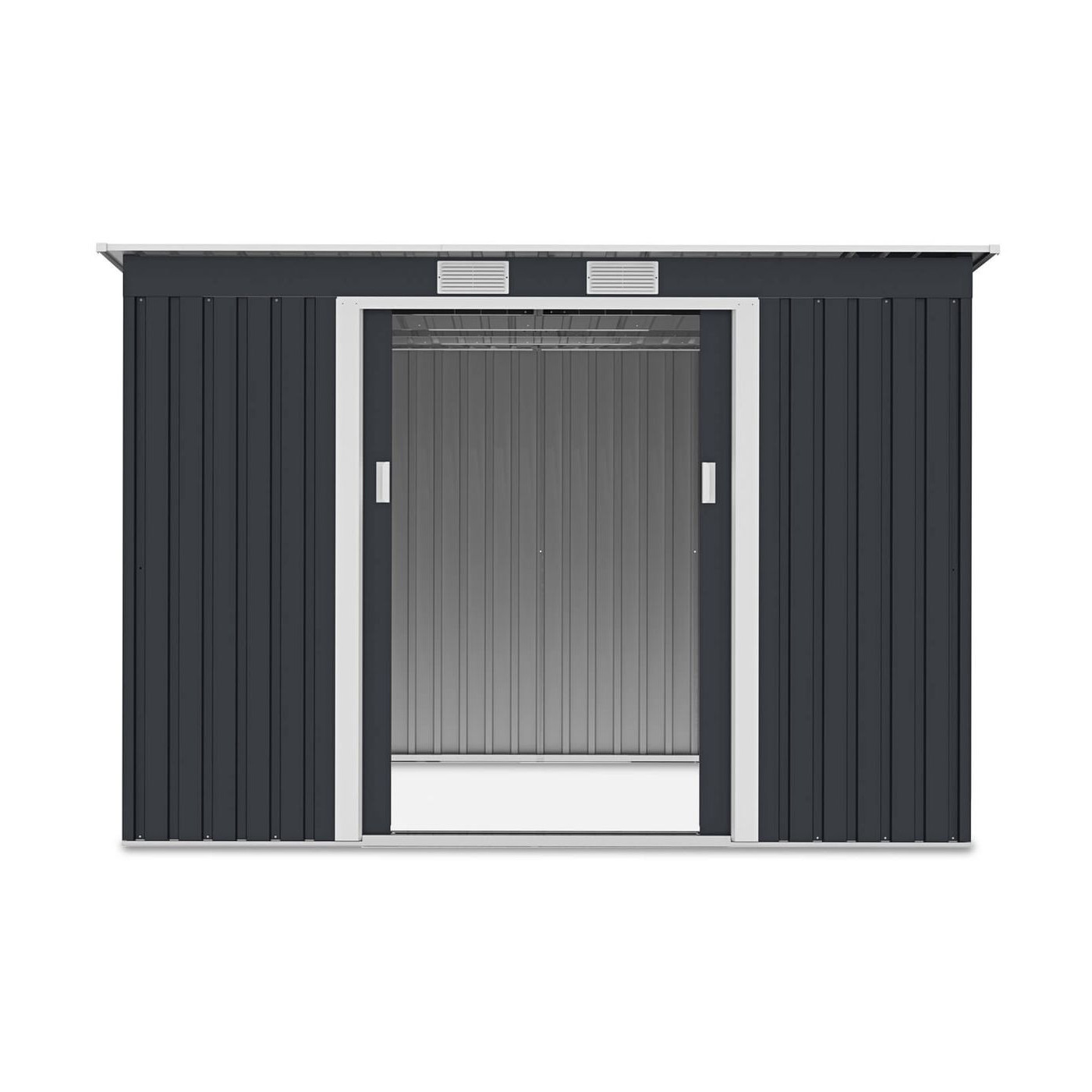 Widok na wnętrze domku narzędziowego OREGON 261x181cm Cold Grey przez otwarte drzwi
