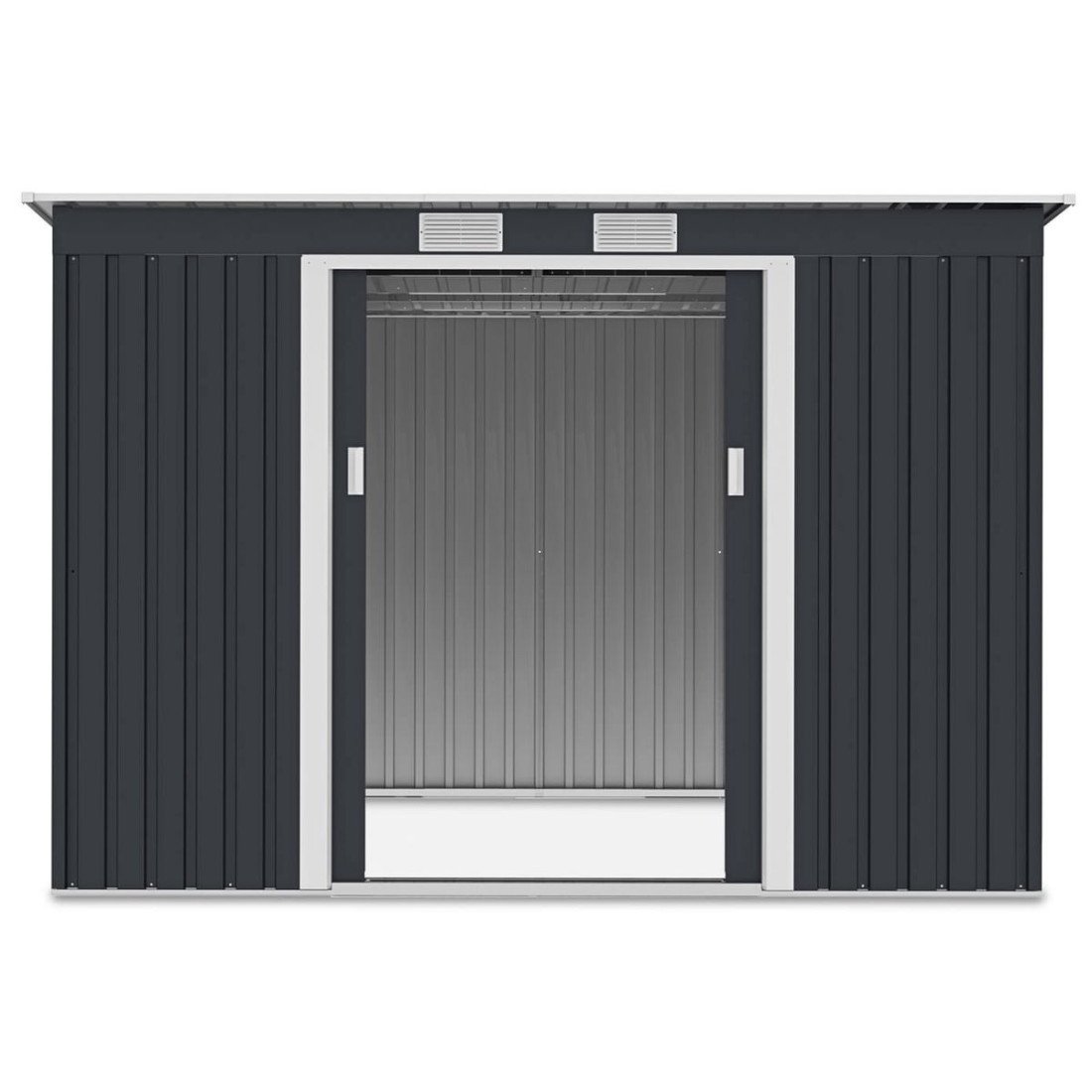 Widok na wnętrze domku narzędziowego OREGON 261x181cm Cold Grey przez otwarte drzwi