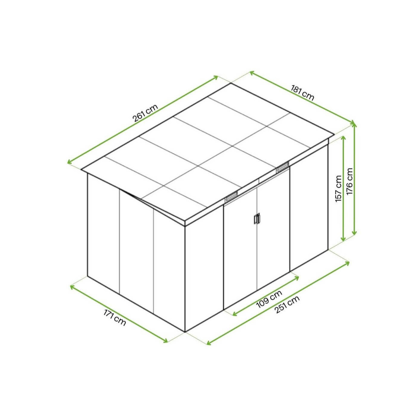 Rysunek z wymiarami domku ogrodowego OREGON 261x181cm od firmy Hardmaister