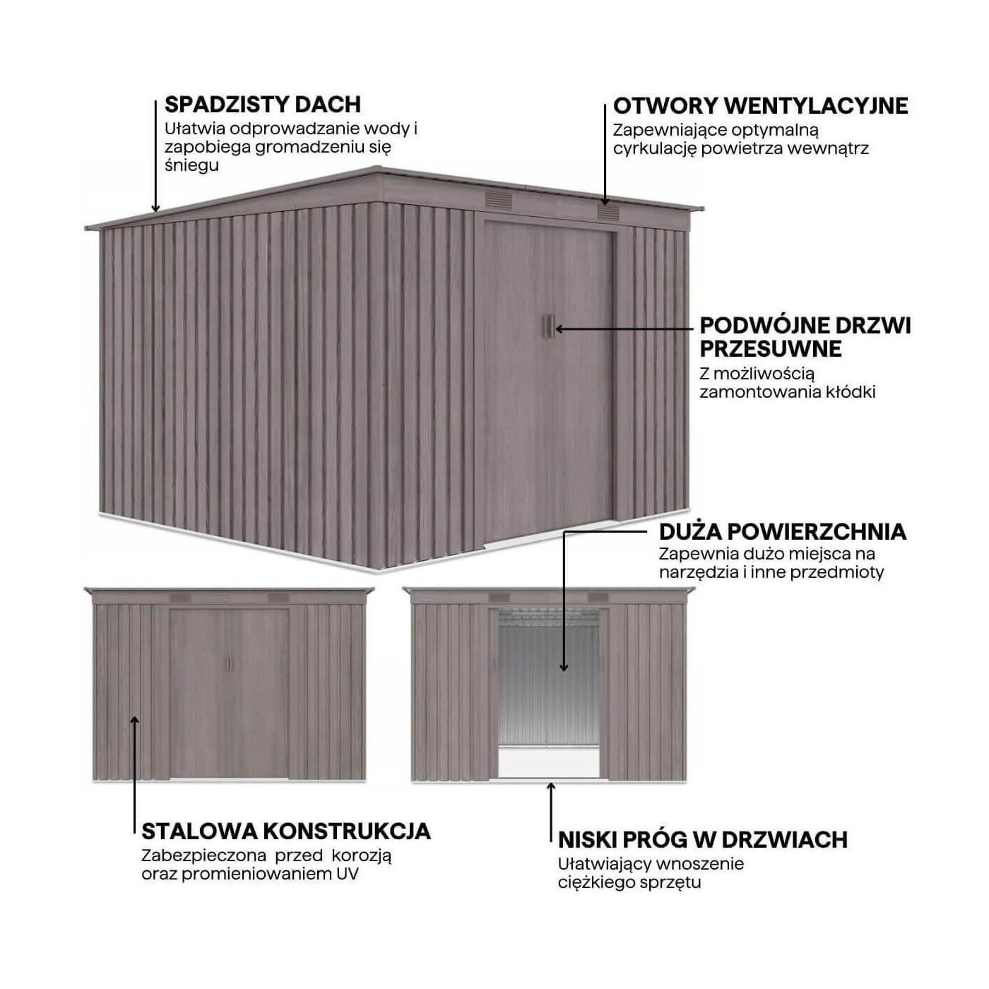 Grafika przedstawiająca detale i funkcje domku narzędziowego OREGON 261x181cm
