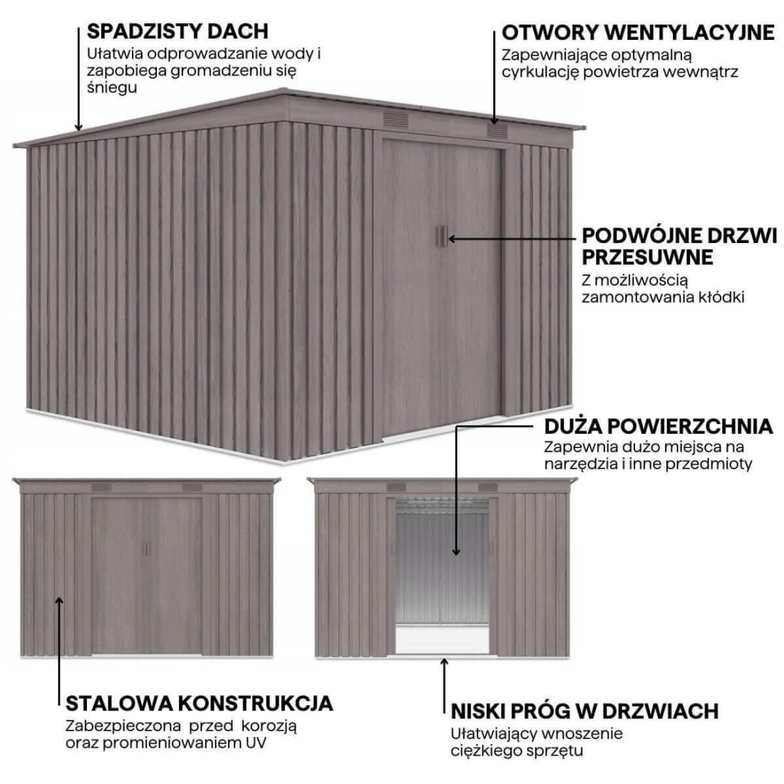 Grafika przedstawiająca detale i funkcje domku narzędziowego OREGON 261x181cm