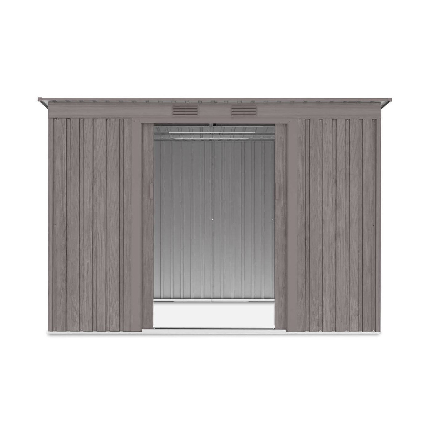 Widok na wnętrze domku narzędziowego OREGON 261x181cm Light Wood przez otwarte drzwi