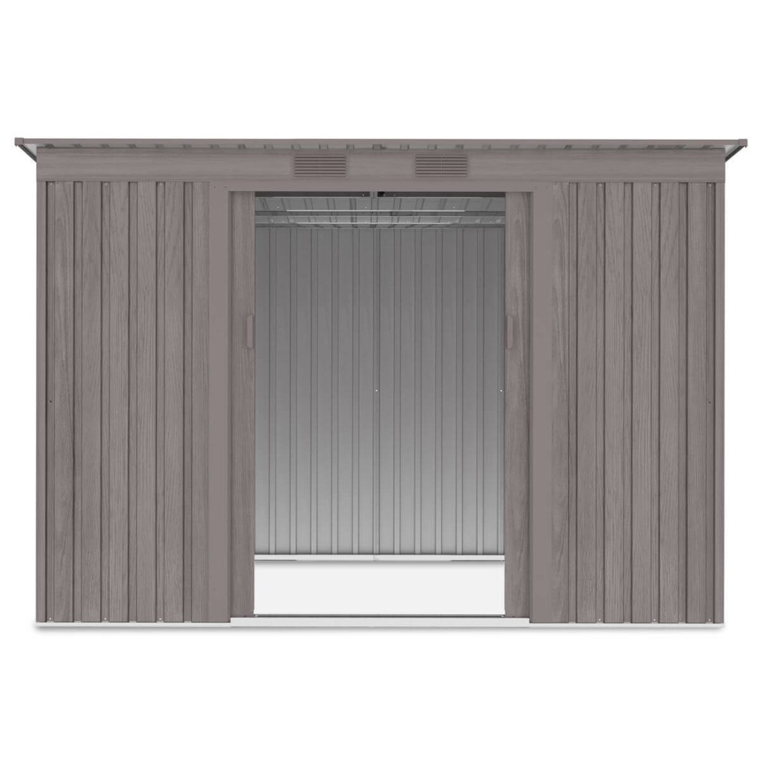 Widok na wnętrze domku narzędziowego OREGON 261x181cm Light Wood przez otwarte drzwi