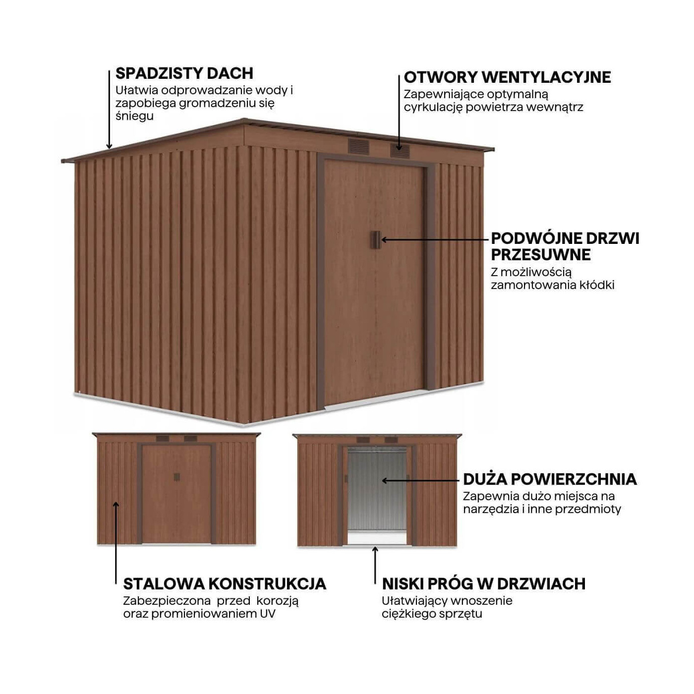 Grafika przedstawiająca detale i funkcje domku narzędziowego OREGON 261x181cm