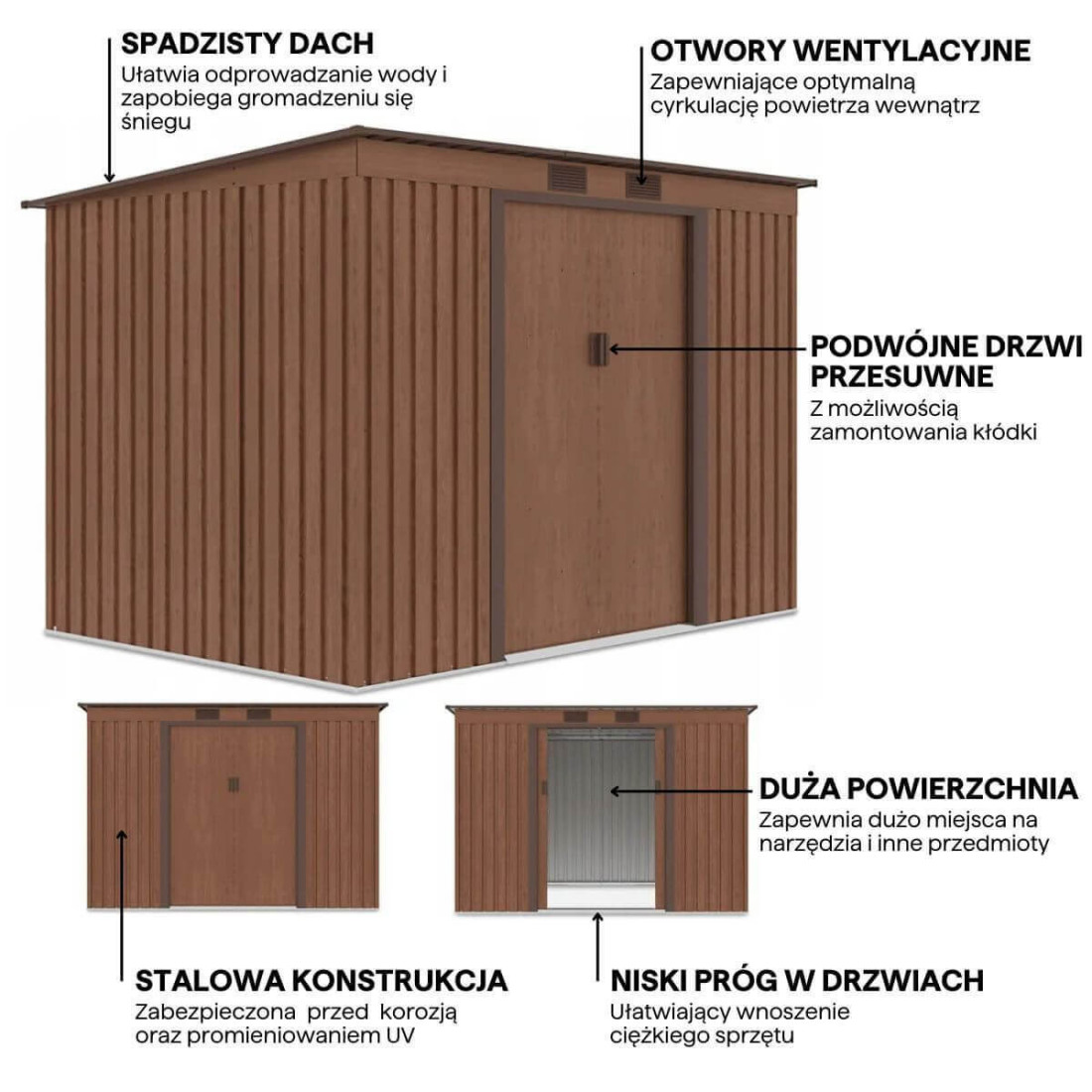 Grafika przedstawiająca detale i funkcje domku narzędziowego OREGON 261x181cm