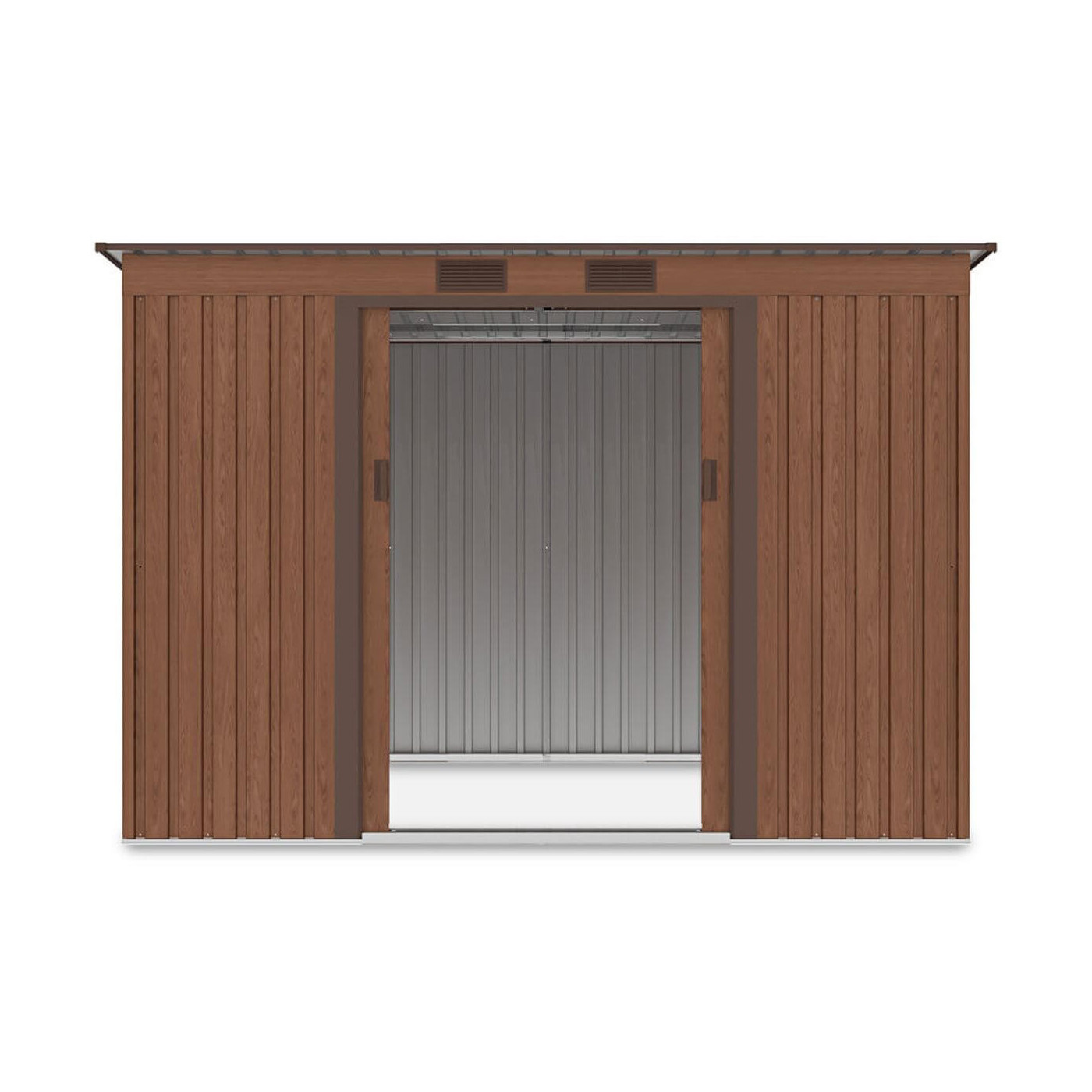 Widok na wnętrze domku narzędziowego OREGON 261x181cm Walnut przez otwarte drzwi