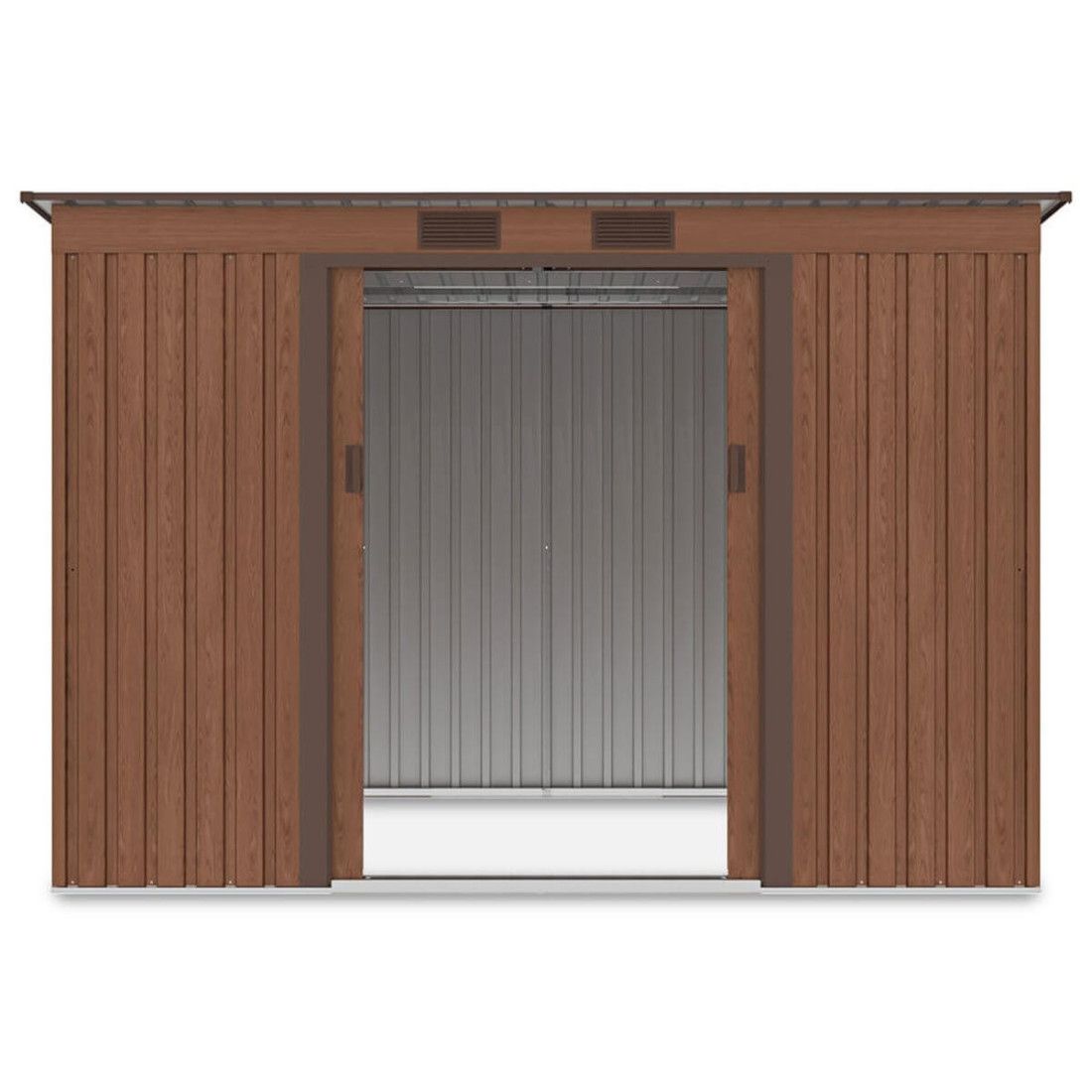 Widok na wnętrze domku narzędziowego OREGON 261x181cm Walnut przez otwarte drzwi