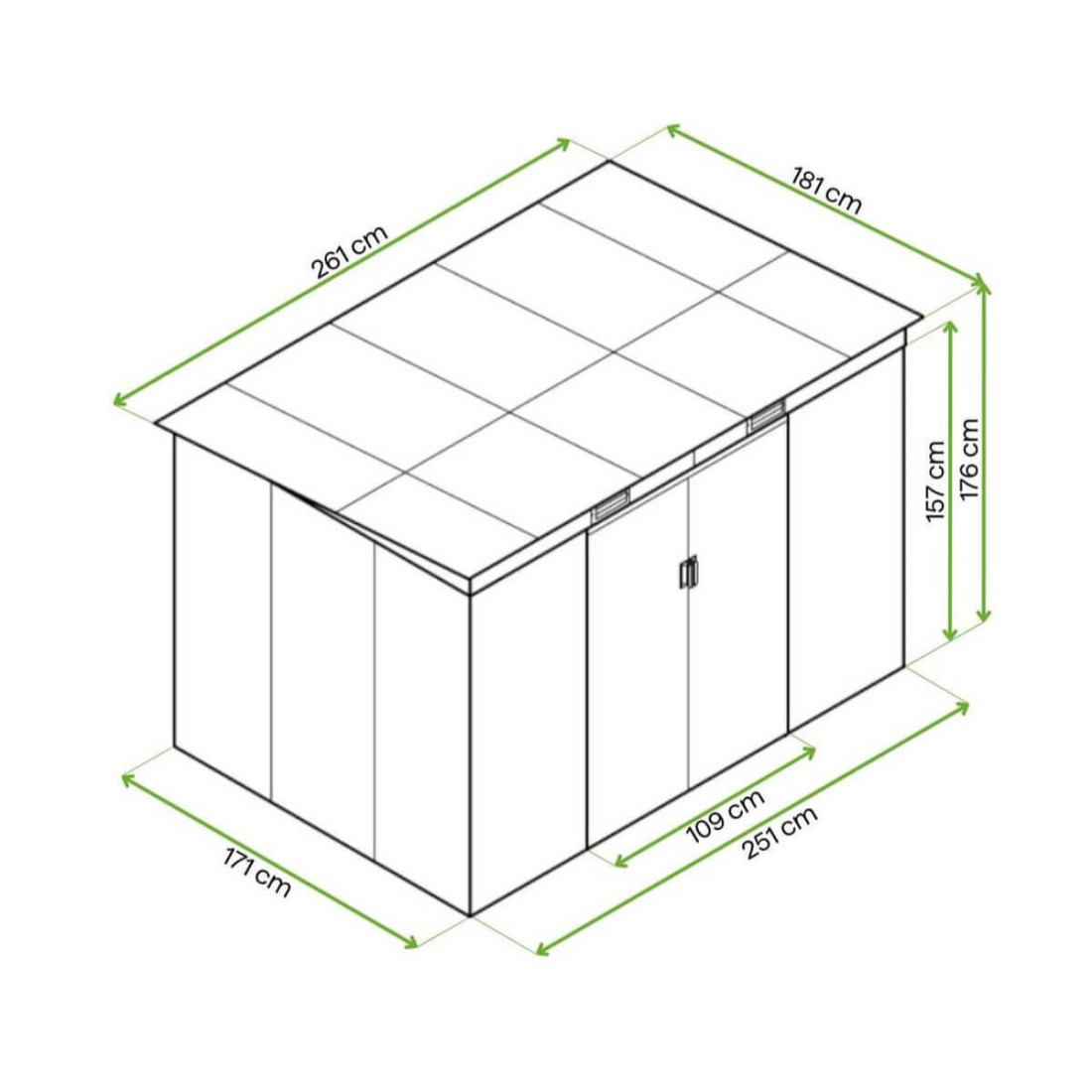 Rysunek z wymiarami domku ogrodowego OREGON 261x181cm od firmy Hardmaister