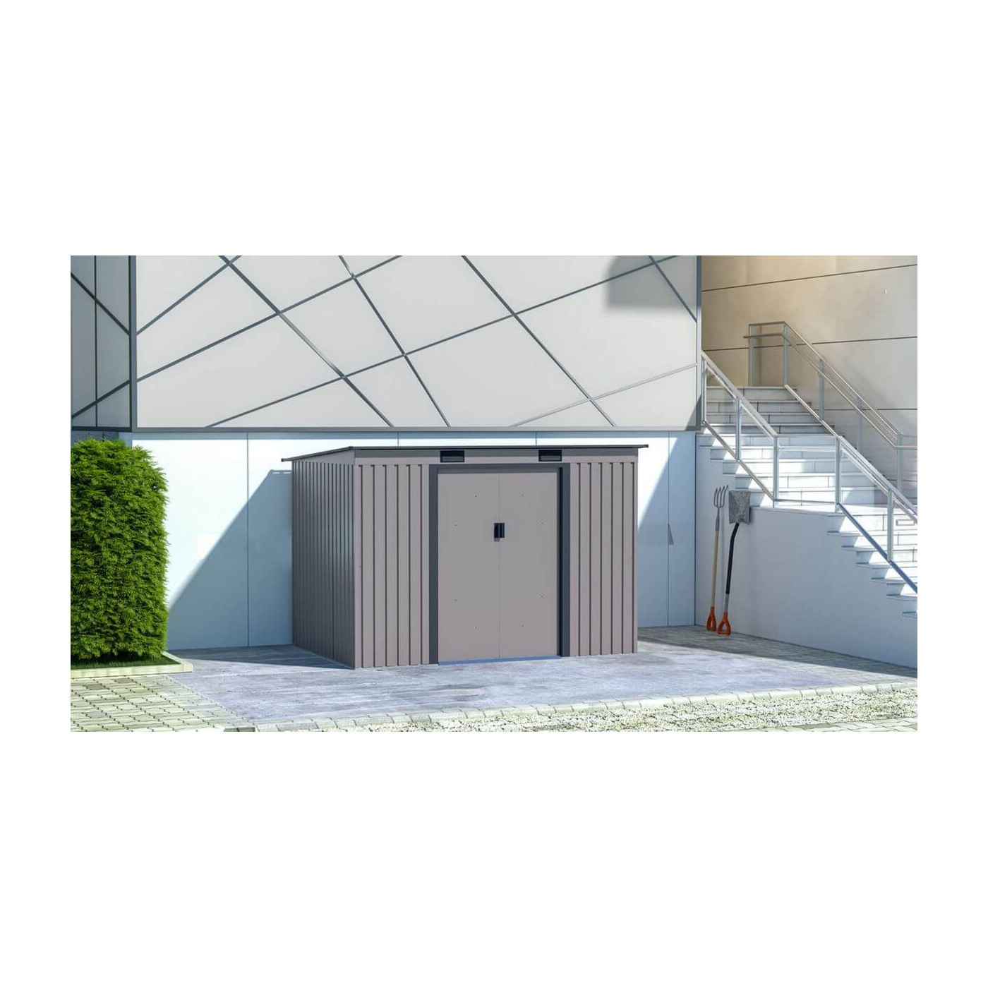 Aranżacja w ogrodzie narzędziowni OREGON 261x181cm w ciepłym szarym odcieniu