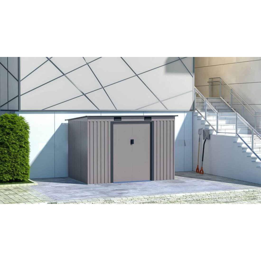 Aranżacja w ogrodzie narzędziowni OREGON 261x181cm w ciepłym szarym odcieniu