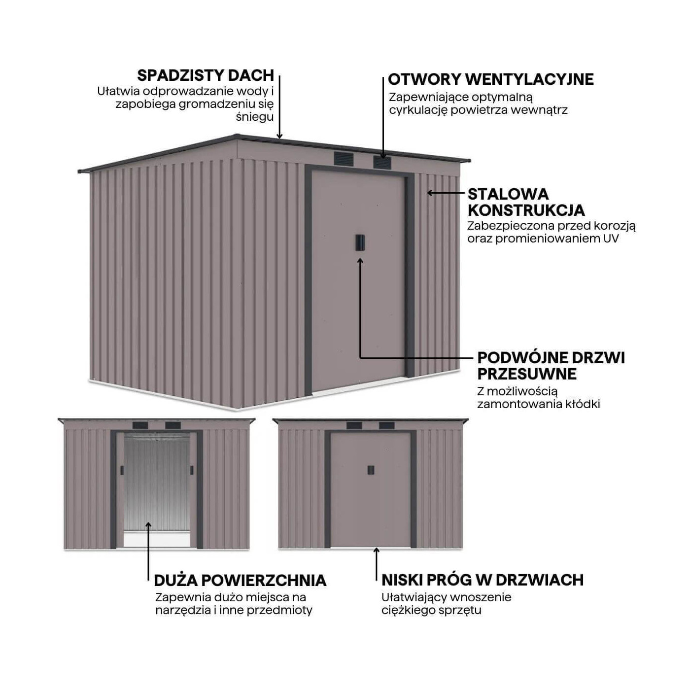 Grafika przedstawiająca detale i funkcje domku narzędziowego OREGON 261x181cm
