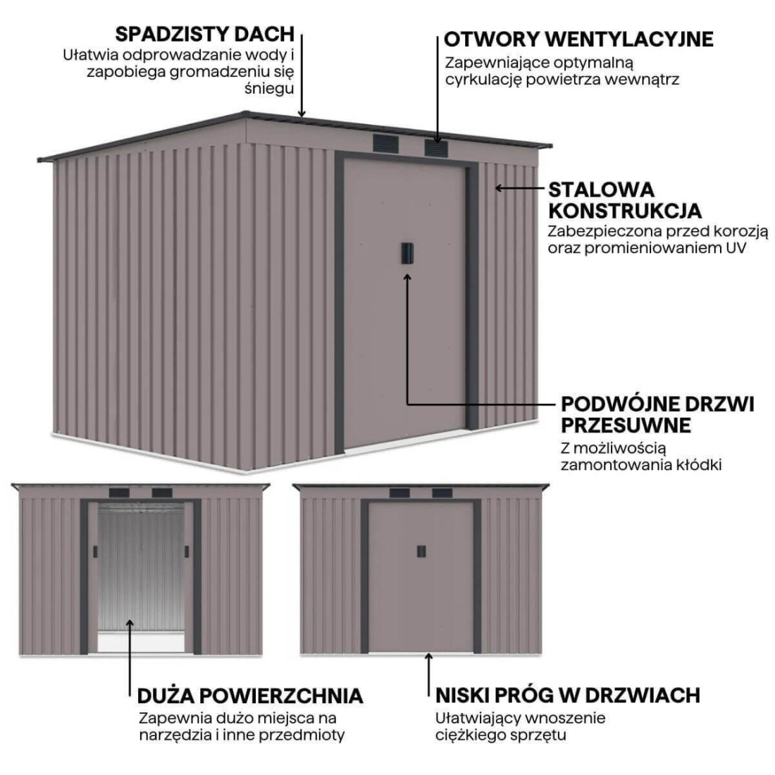 Grafika przedstawiająca detale i funkcje domku narzędziowego OREGON 261x181cm