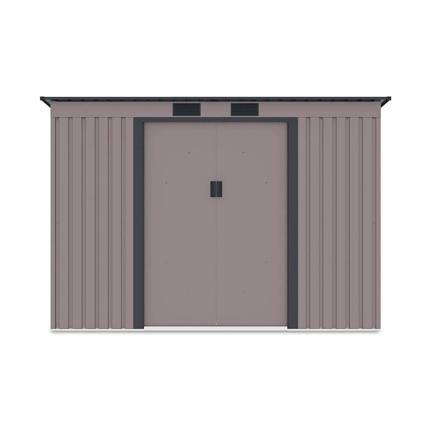 Widok z przodu domku narzędziowego OREGON 261x181cm w kolorze ciepłym szarym