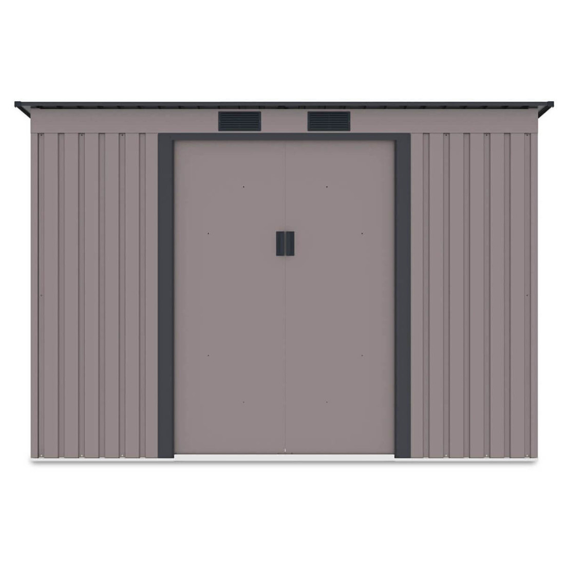 Widok z przodu domku narzędziowego OREGON 261x181cm w kolorze ciepłym szarym