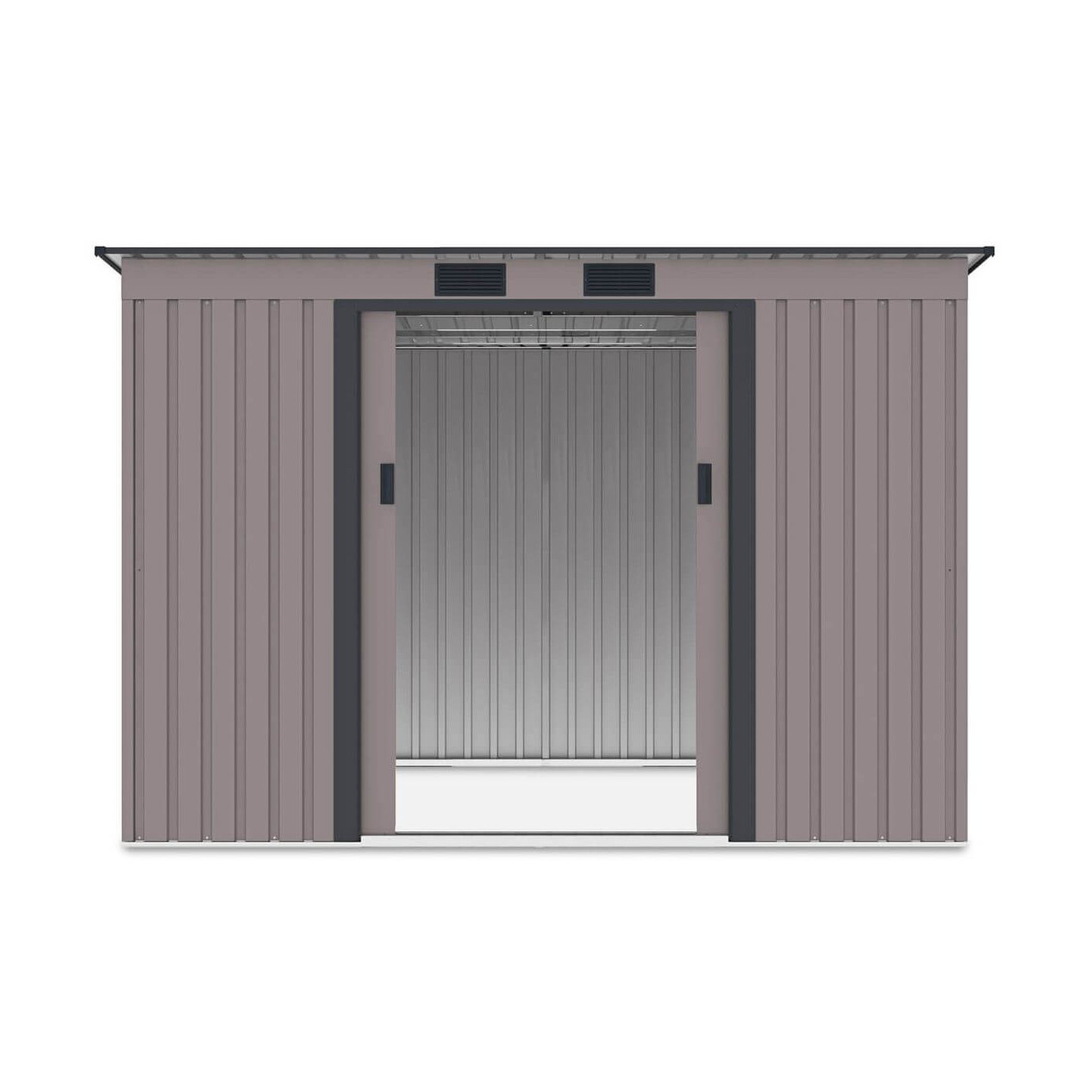 Widok na wnętrze domku narzędziowego OREGON 261x181cm Warm Grey przez otwarte drzwi